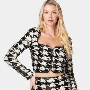 Bebe Cropped Sequin Houndstooth Jacket